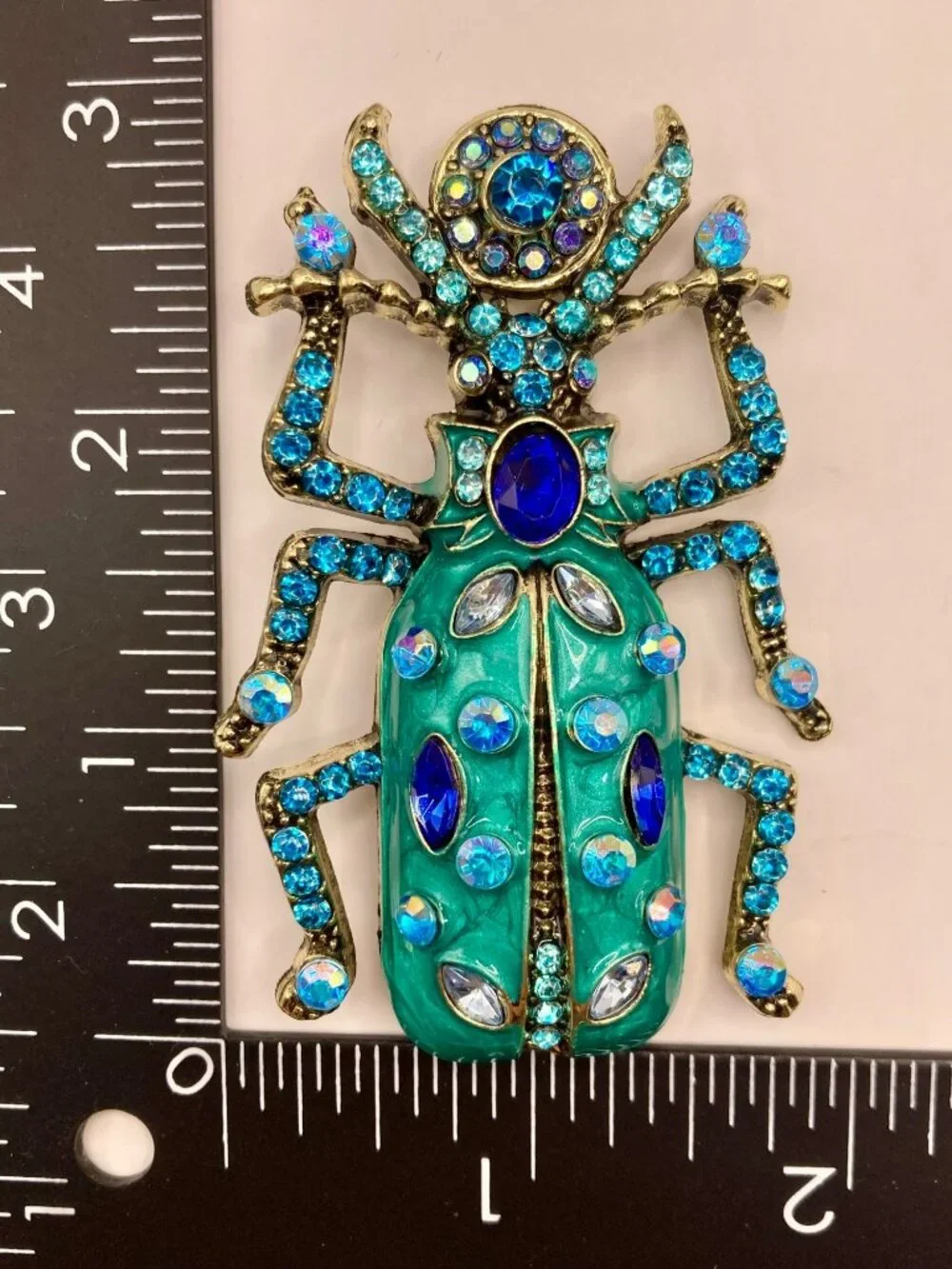 Large Jeweled Beetle Brooch Pin Blue Teal Rhinestones & Enamel -56B